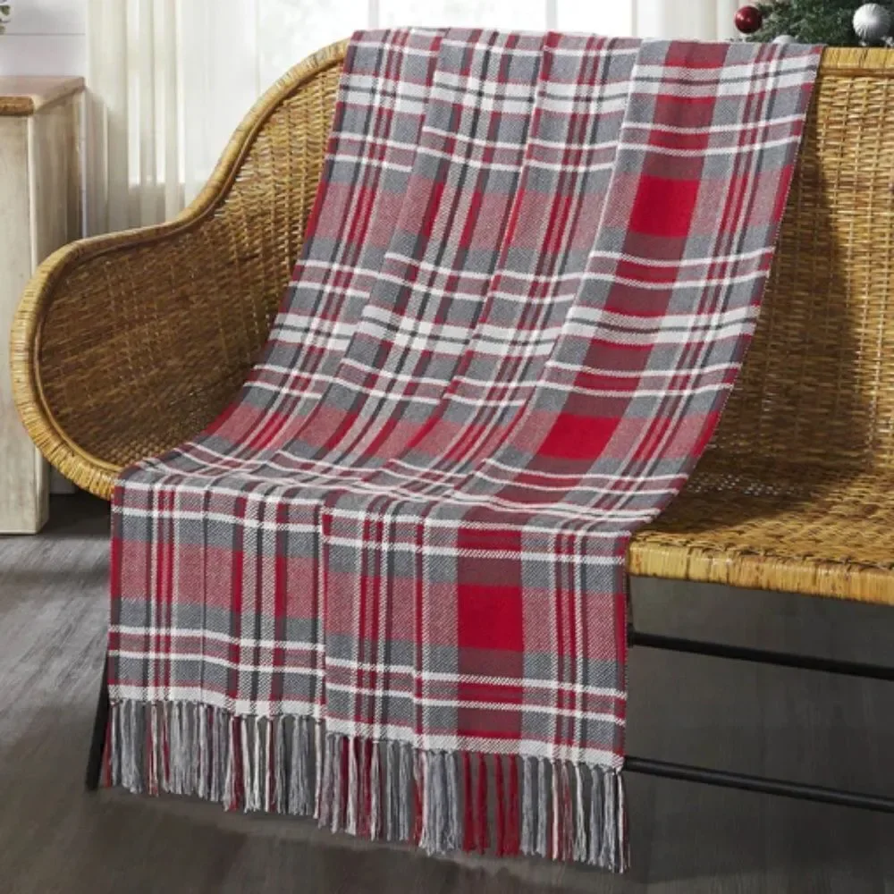 Red Gray Plaid Christmas Fringed Throw Blanket Red Black Farmhouse Lodge Rustic